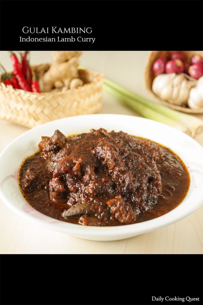 A dark brown Indonesian curry with big chunks of lamb, called gulai kambing
