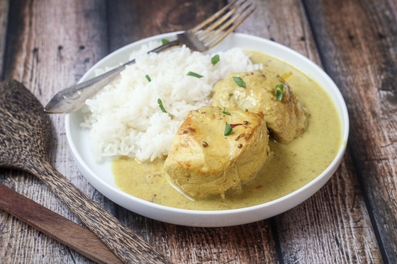 A white creamy chicken curry with a scoop of rice