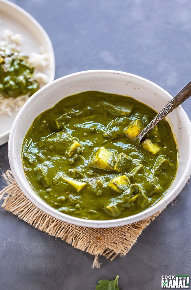Palak paneer, a green curry with chunks of Indian cottage cheese 