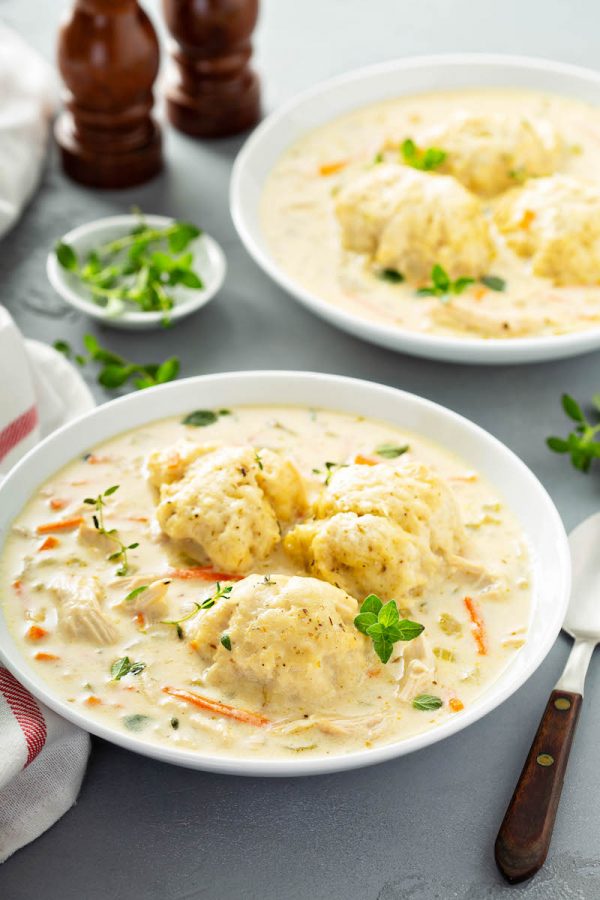 A bowl of chicken and dumplings