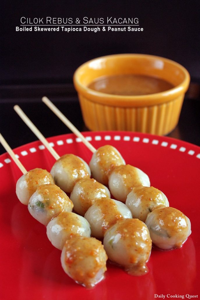 Tapioca ball dumplings on a stick with peanut sauce