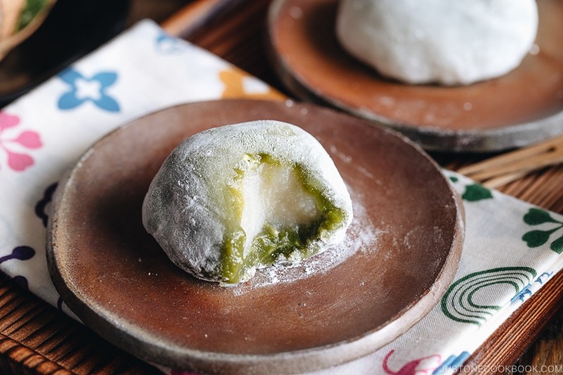 Green tea mochi on a plate
