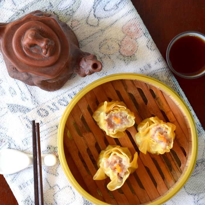 Dumplings open at the top with a shrimp filling