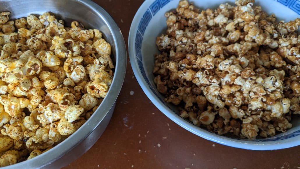 Soy sauce and butter popcorn on the right, curry popcorn on the left