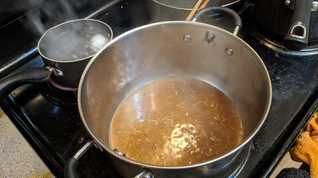Asahikawa ramen broth, a combination of pork and chicken stock with sardines and soy sauce