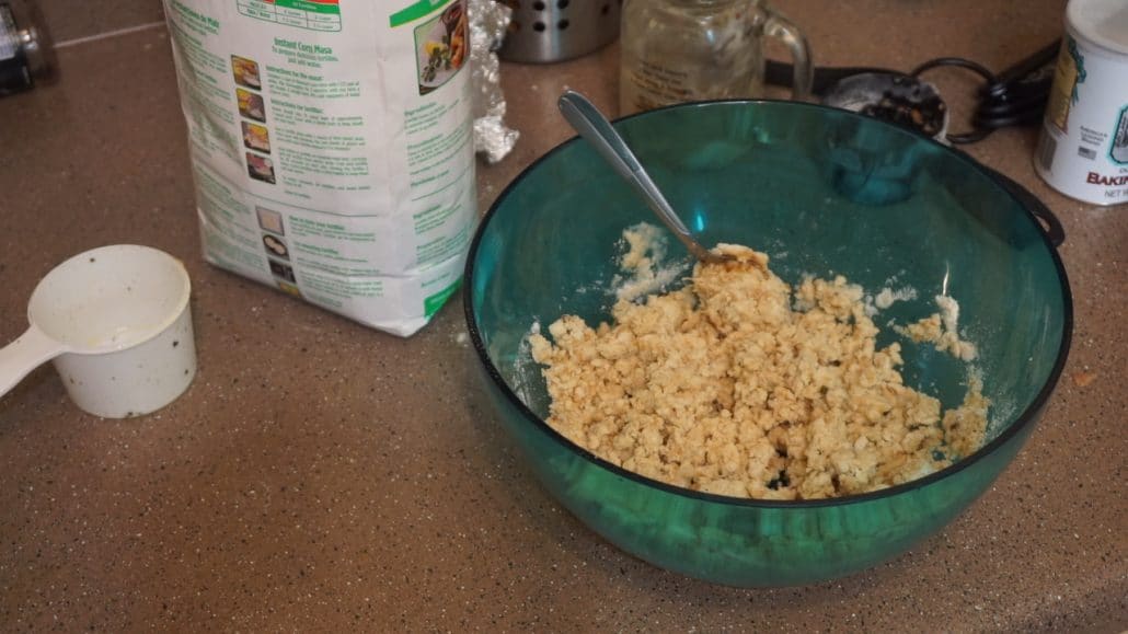 Masa harina mixed with bacon grease and chicken broth